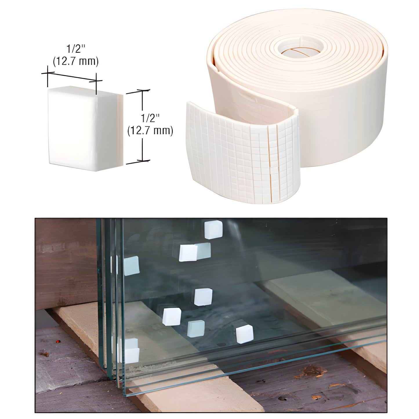 White 1/2 in foam non-adhesive shipping pads on a roll and applied to stacked glass (NAP12B)