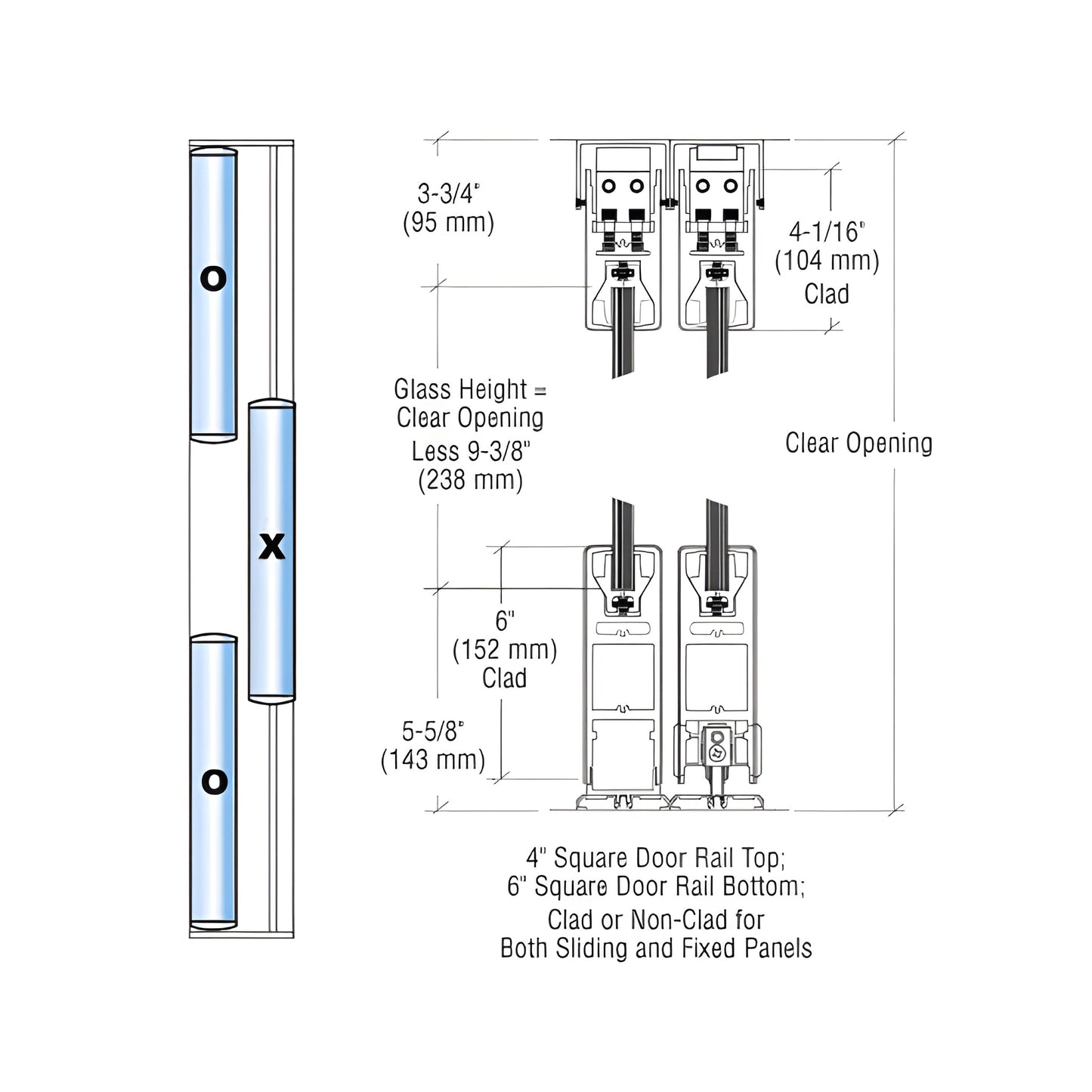CAD drawing of CRL SDR bottom-rolling 3-panel sliding door system, 4 in top rail, 6 in bottom rail. SKU 6SDR3ESA