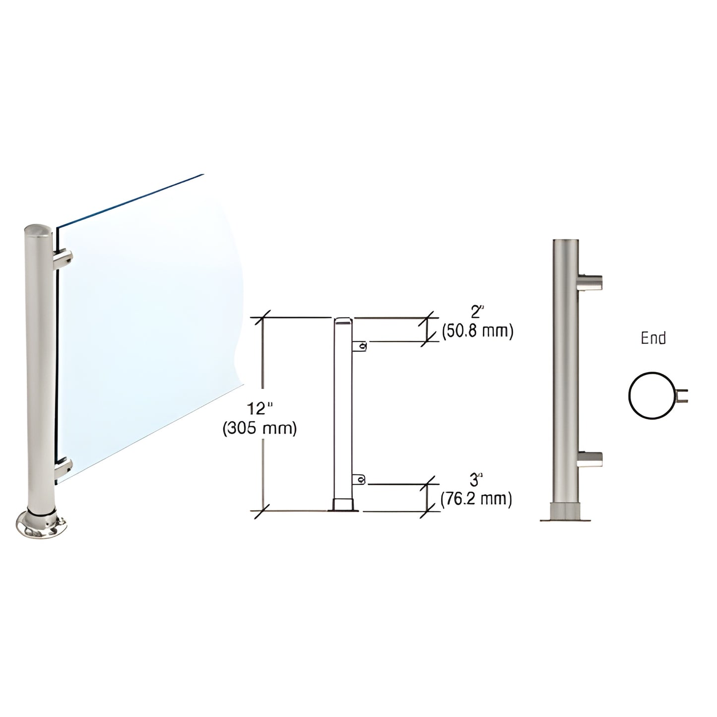 Brushed stainless steel 12 in. Slimline partition end post with glass clamps and round flange base, fits 1/4"-3/8" glass (PP5