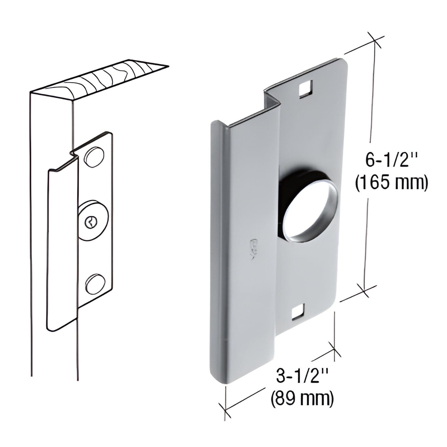 Aluminum latch guard SKU 8852AL - heavy steel strike lip with cylinder guard, 6-1/2" x 3-1/2" for out-swing doors.