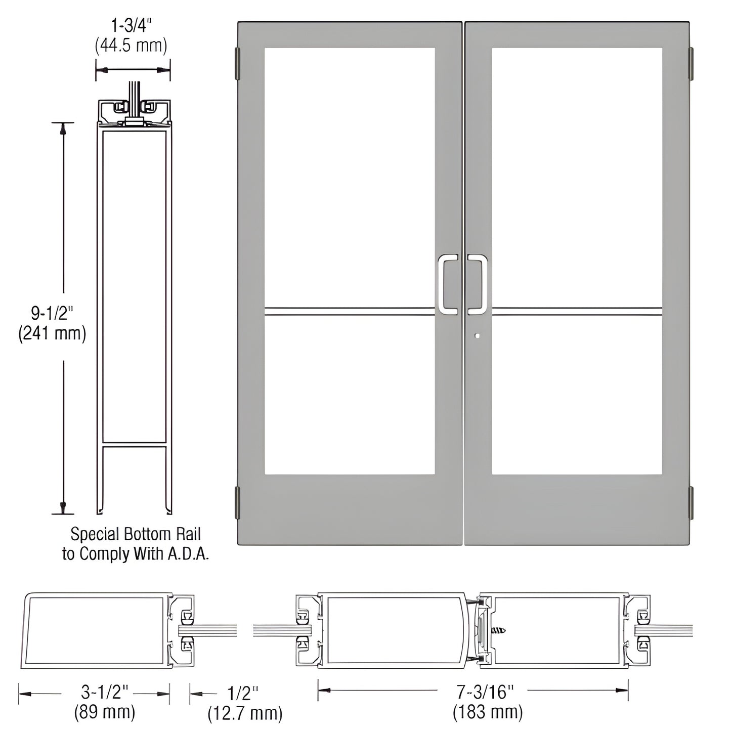 DE42511 clear anodized medium stile double entrance door, ADA 9-1/2" bottom rail, fits 1/4" tempered glass.