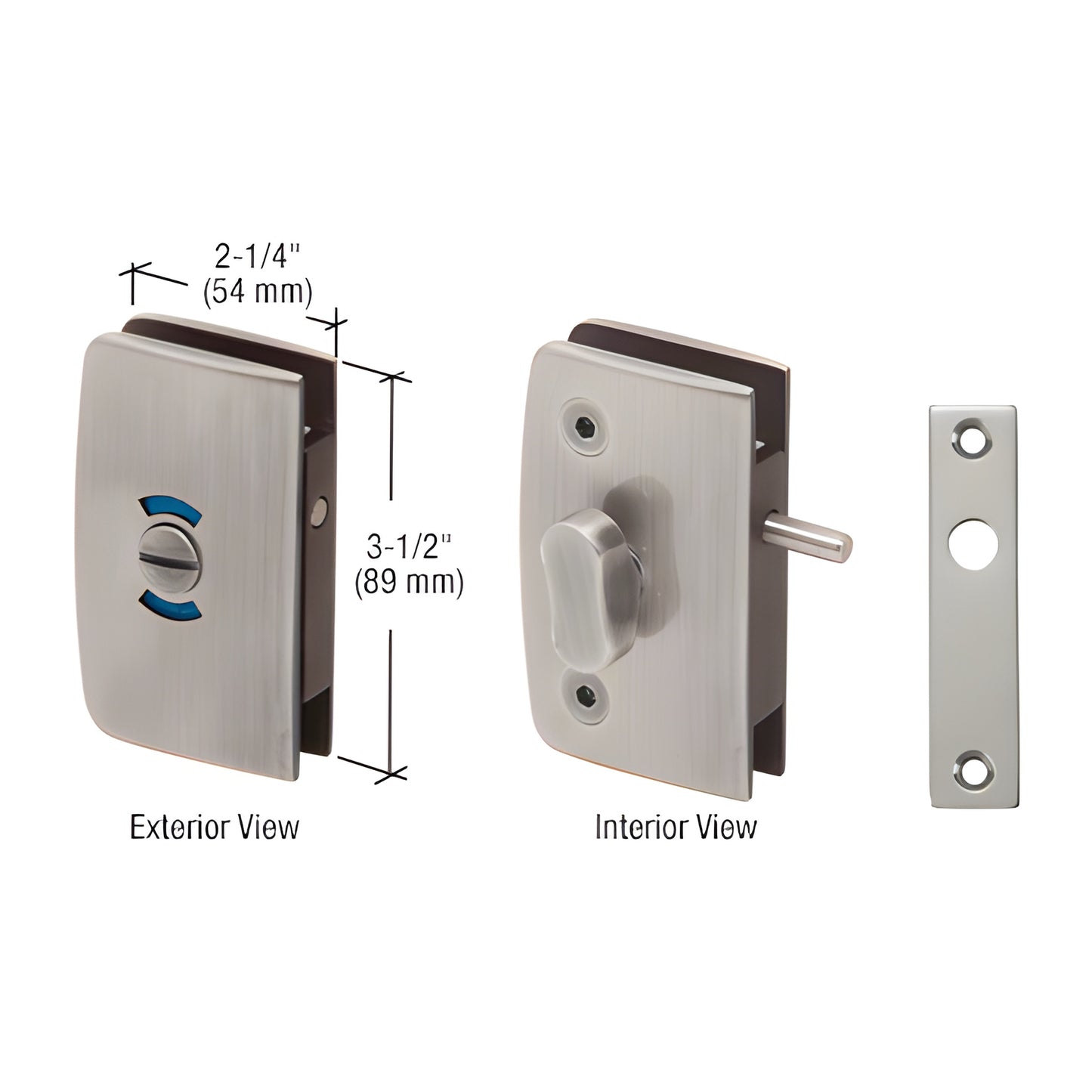 Brushed nickel CRL glass door lock with red/blue indicator, thumbturn interior, fits 8-12mm glass (SKU 700CBN)