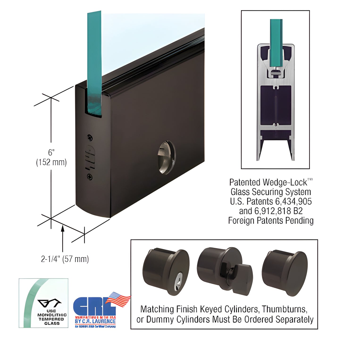 CRL Wedge-Lock door rail DR6SDU34CL - black bronze anodized 6in rail for 3/4in tempered glass, includes lock