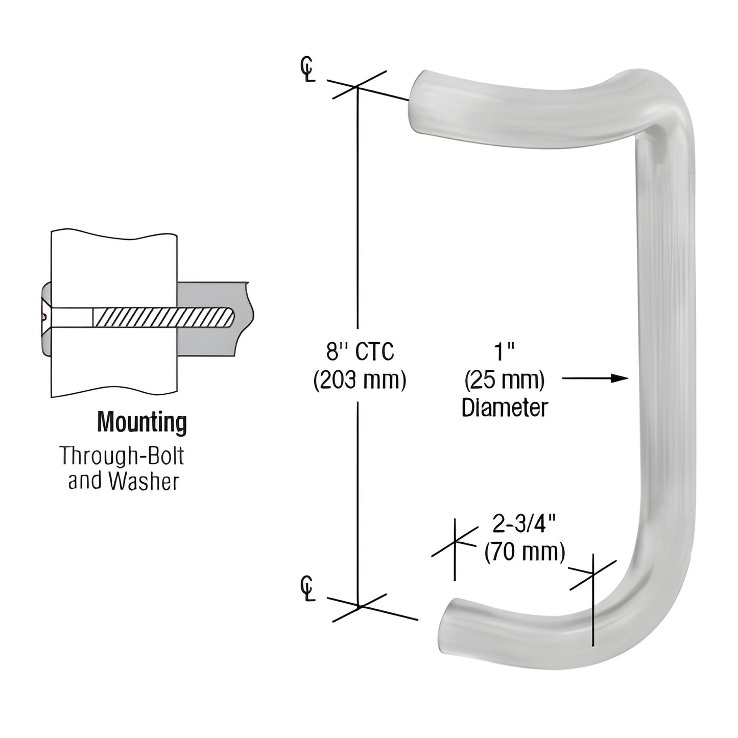CD8BS stainless steel offset door pull, 1" dia, 8" CTC, 2-3/4" projection, through-bolt mounting.
