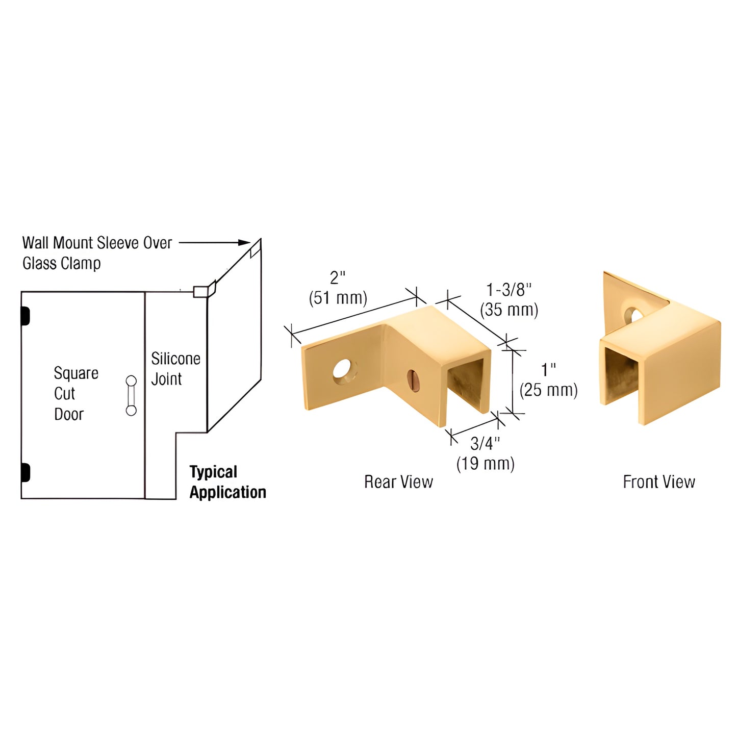 Satin brass wall-mount sleeve-over-glass clamp (SKU S0GC37RSB) for 8-12mm frameless shower glass, right-hand.