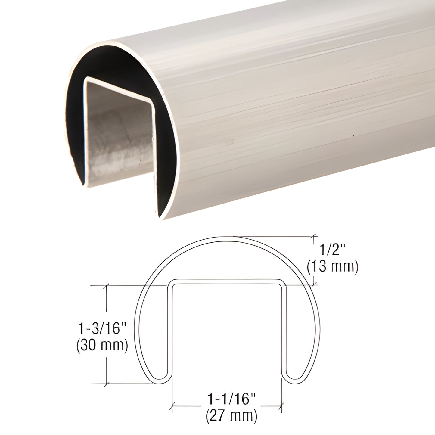 GRRF20BS brushed stainless steel 1-7/8 in roll-formed cap rail for 1/2-27/32 in glass, U-shaped interior, shown with diagram.