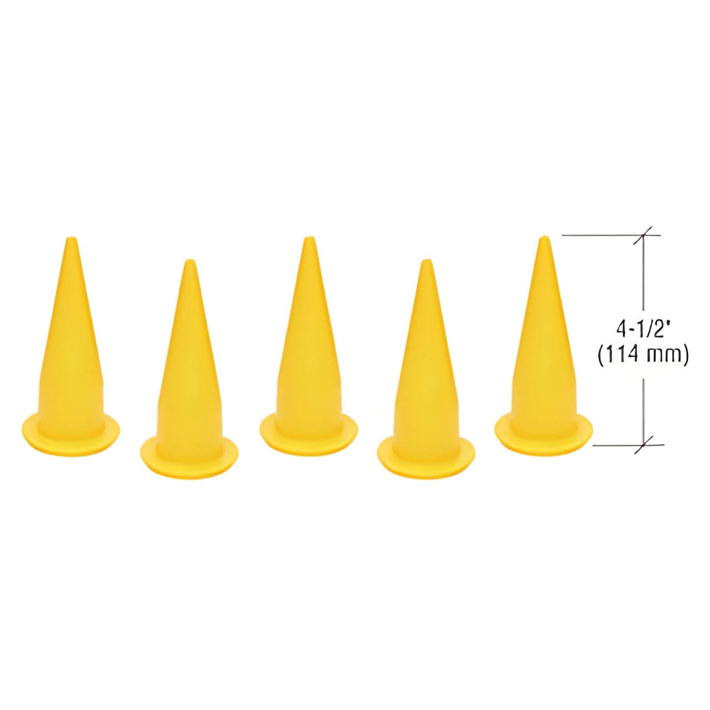 WGCN 5-pack yellow plastic cone nozzles, 4.5" long, trim-to-size wide-bead tips for sausage/bulk caulking.