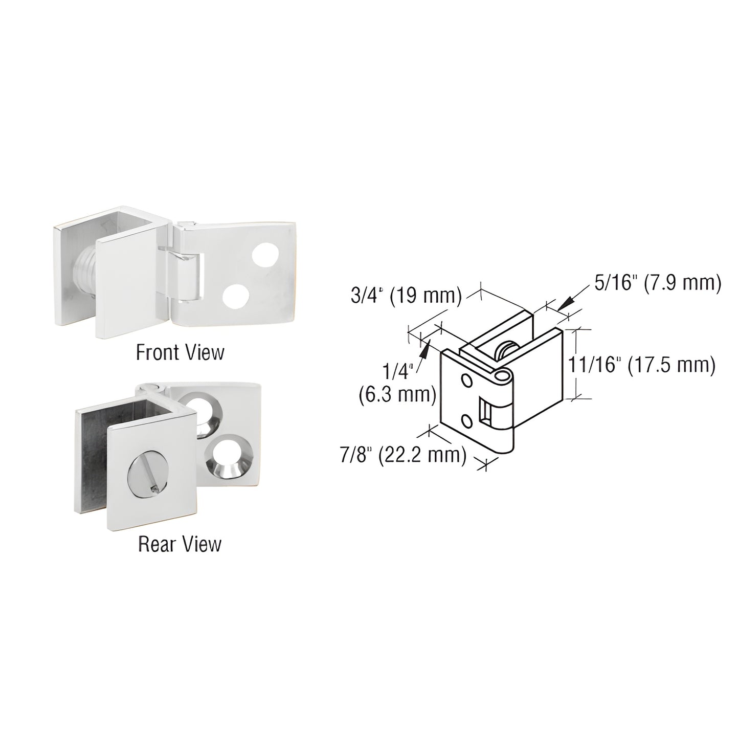 CRL EH176 polished chrome small wall-mount set-screw hinge for 5-6mm glass doors, front/rear views and dimensions.