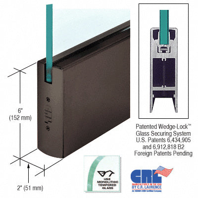 CRL Black Bronze Anodized 1/2" Glass 6" Square Door Rail Without Lock - Custom Length