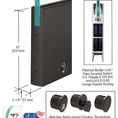 CRL Black Bronze Anodized 3/4" Glass 10" Square Door Rail With Lock - Custom Length