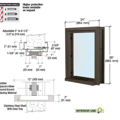 CRL Black Bronze Anodized 34" Wide x 38" High Bullet Resistant Interior Window With Surround Sound and 12" Shelf With Deal Tray