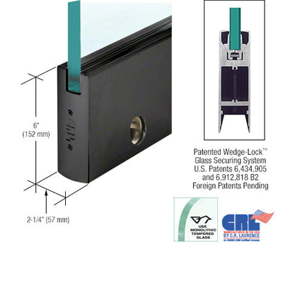 CRL Black Powder Coat 5/8" Glass 6" Square Door Rail With Lock - Custom Length