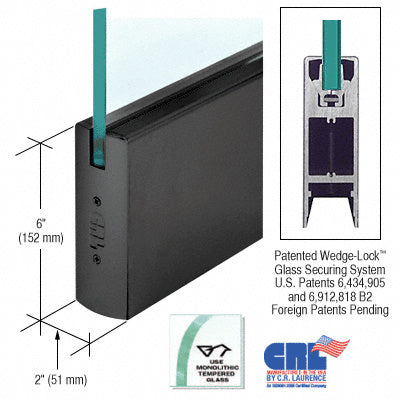 CRL Black Powder Coated 1/2" Glass 6" Square Door Rail Without Lock - Custom Length