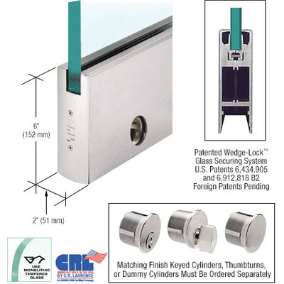 CRL Brushed Stainless 1/2" Glass 6" Square Door Rail With Lock - Custom Length