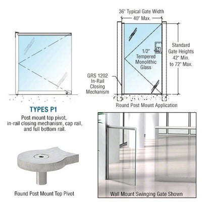 CRL Brushed Stainless 1202 Series Custom Post Mounted Gate w/In-Rail Closing Mechanism, Cap Rail, and Full Bottom Rail
