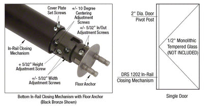 CRL DRS Black Bronze 1202 Custom Size Pivoting Single Hold Open Door with Force 3 Closer for 1/2" Glass