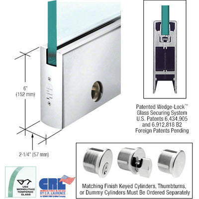 CRL Polished Stainless 3/4" Glass 6" Square Door Rail With Lock - Custom Length
