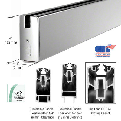 CRL Polished Stainless 4" Custom Length Square Sidelite Rail for 3/8" and 1/2" Glass