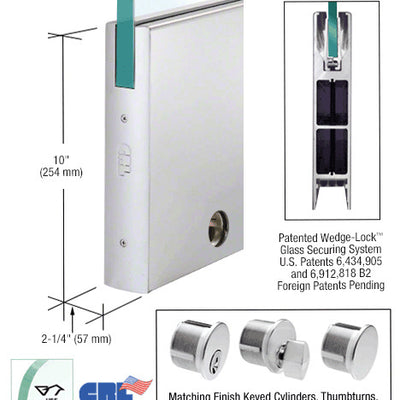 CRL Satin Anodized 5/8" Glass 10" Square Door Rail With Lock - Custom Length