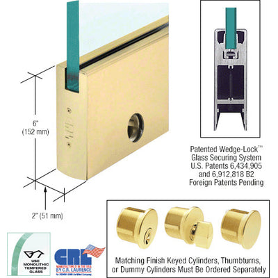 CRL Satin Brass 1/2" Glass 6" Square Door Rail With Lock - Custom Length