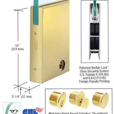CRL Satin Brass 5/8" Glass 10" Square Door Rail With Lock - Custom Length