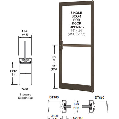 CRL-U.S. Aluminum Bronze Black Anodized 250 Series Narrow Stile (RHR) HRSO Single 3'0 x 7'0 Offset Hung with Pivots for Surf Mount Closer Complete Panic Door with Std. Panic and Bottom Rail