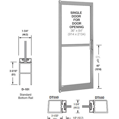 CRL-U.S. Aluminum Clear Anodized 250 Series Narrow Stile (LHR) HLSO Single 3'0 x 7'0 Offset Hung with Pivots for Surf Mount Closer Complete Panic Door with Std. Panic and Bottom Rail