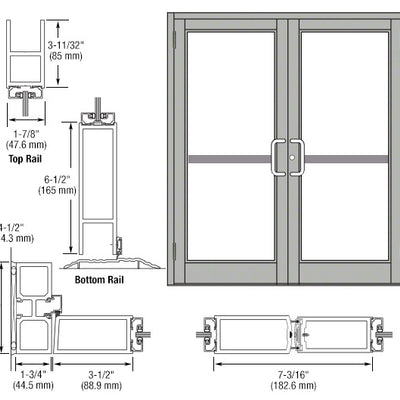 CRL-U.S. Aluminum Clear Anodized Custom Pair Series 800 Durafront Medium Stile Butt Hinge Entrance Doors For Panics and Surface Mount Door Closers