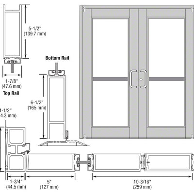 CRL-U.S. Aluminum Clear Anodized Custom Pair Series 850 Durafront Wide Stile Offset Pivot Entrance Doors for Panics and Surface Mount Door Closers