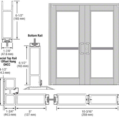CRL-U.S. Aluminum Clear Anodized Custom Pair Series 850 Durafront Wide Stile Offset Pivot Entrance Doors With Panics for Overhead Concealed Door Closers