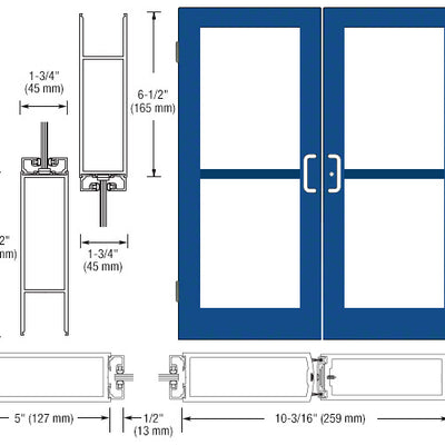 CRL-U.S. Aluminum Custom KYNAR® Paint Custom Size Pair Series 550 Wide Stile Butt Hinge Entrance Door For Panics and Overhead Concealed Door Closers