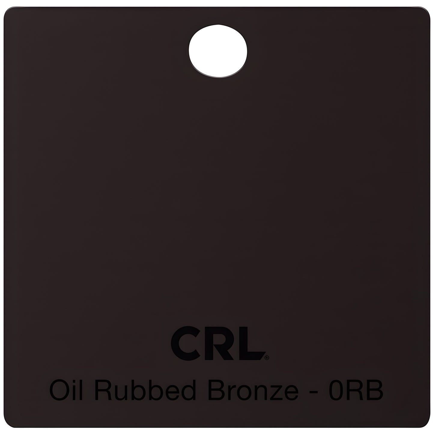 Square oil-rubbed bronze hinge finish sample chip (CRL) for shower door hardware, hanging hole.