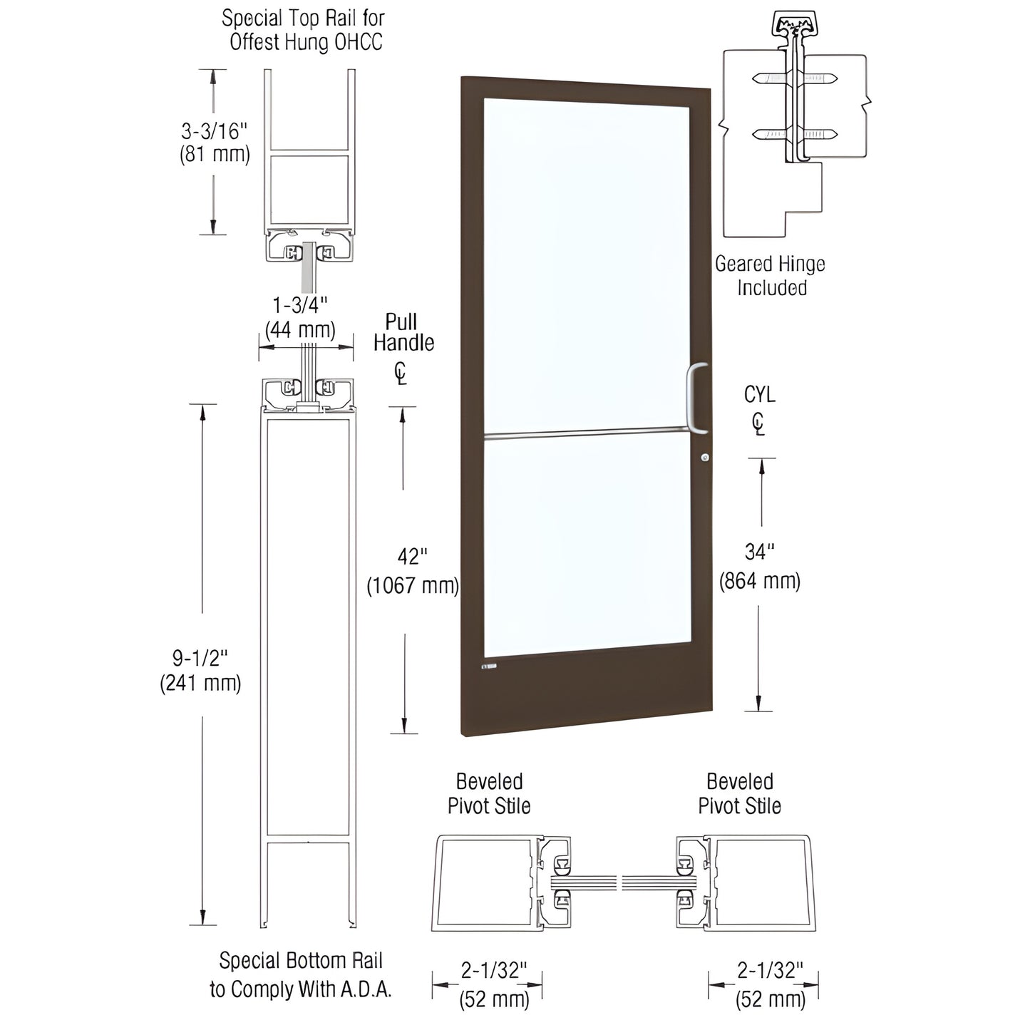 CRL 250 narrow-stile aluminum door 36 84 in, Black Bronze Anodized, 9-1/2" ADA bottom rail, geared hinge & lock included