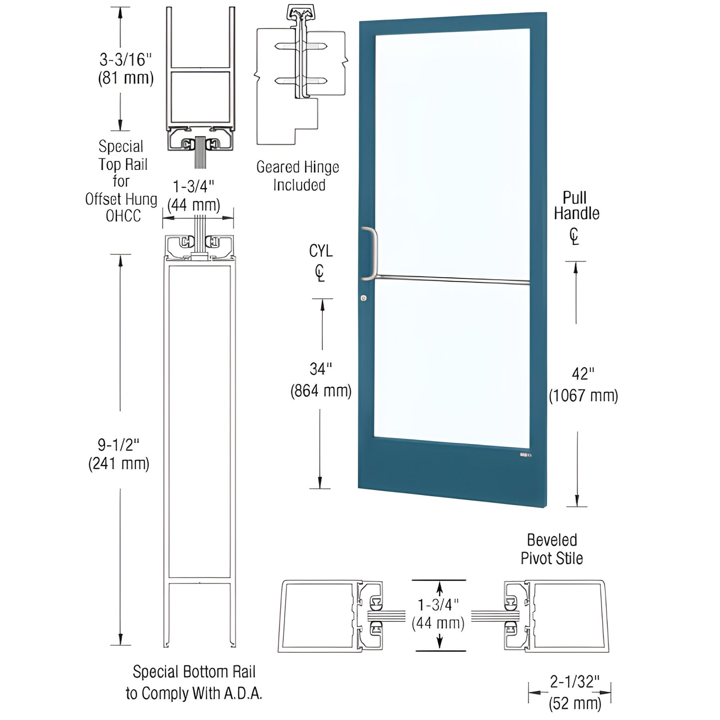 Custom narrow-stile commercial entrance door (SKU DE21971), teal Kynar frame with glass, ADA bottom rail and pull handle.