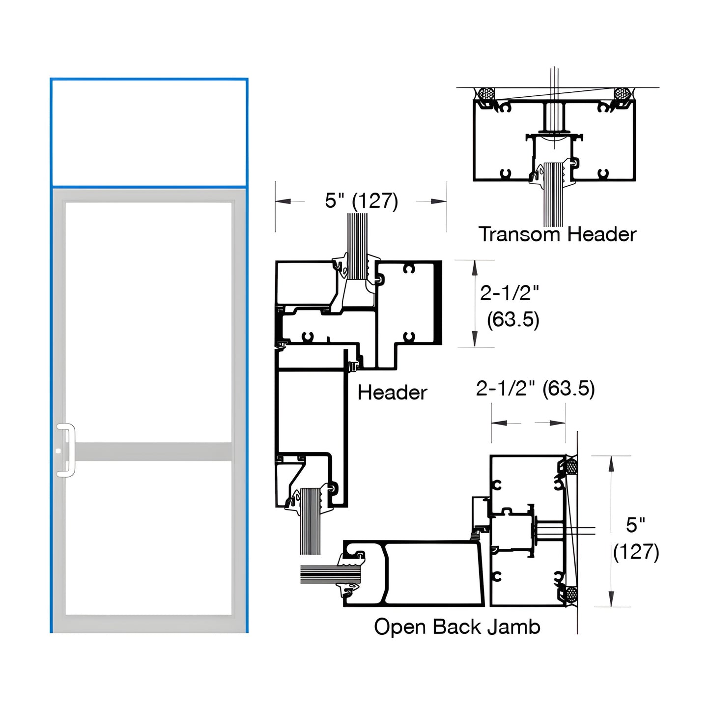 Custom Kynar single-transom impact door frame showing door, transom glazing and jamb/header cross-sections. SKU 0P61571