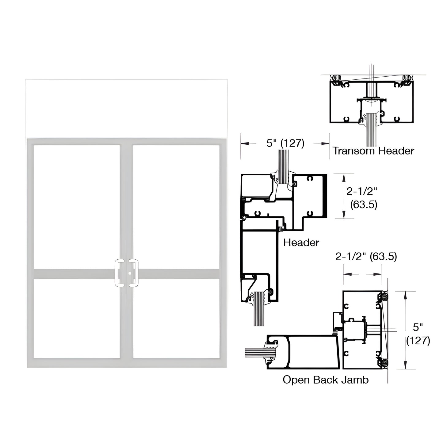 White Kynar hurricane-rated double transom butt-hinged impact door frame, SKU 0P62552