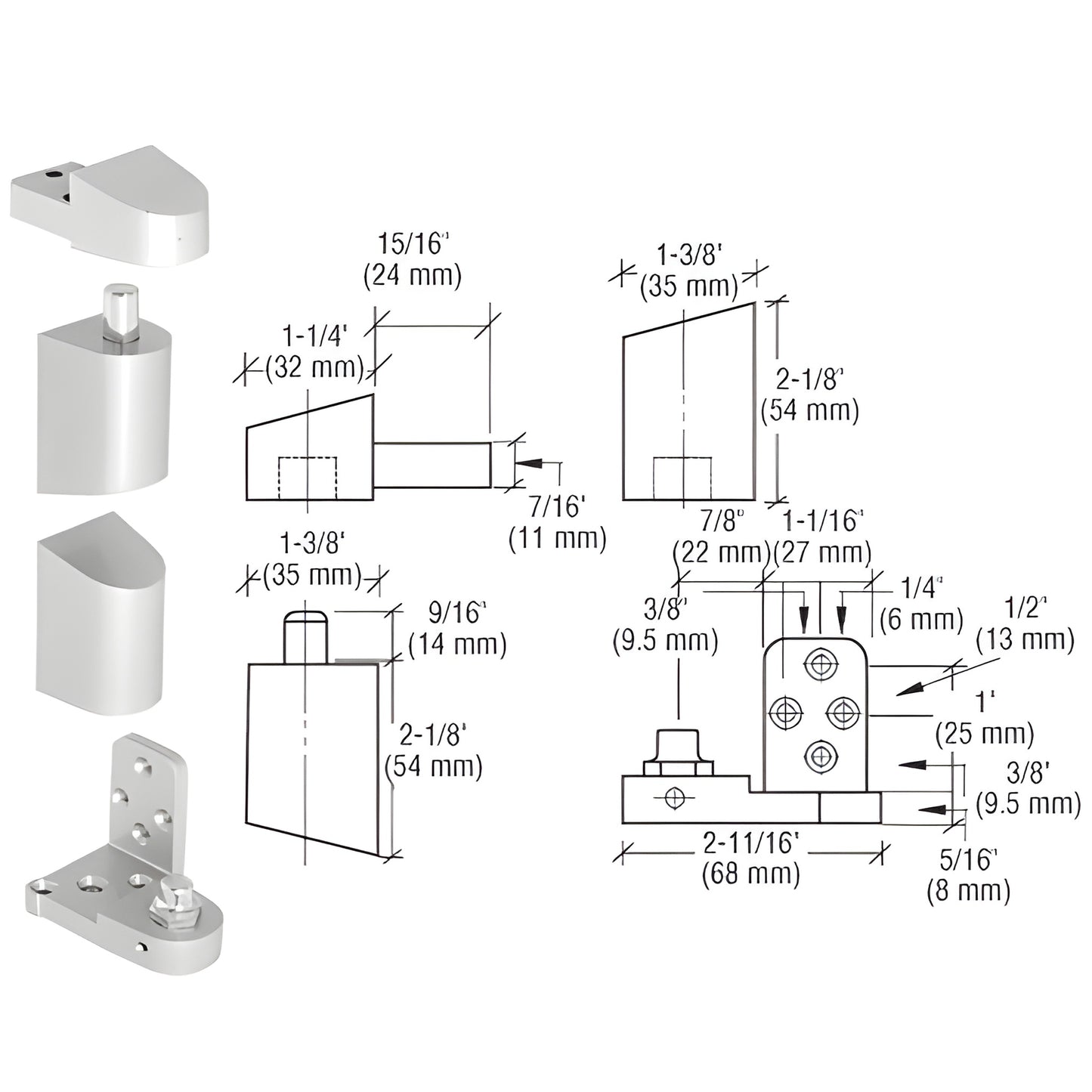 CRL offset pivot set (left hand, aluminum) with photos of diecast components and technical dimensional drawings. SKU 0P41LHA