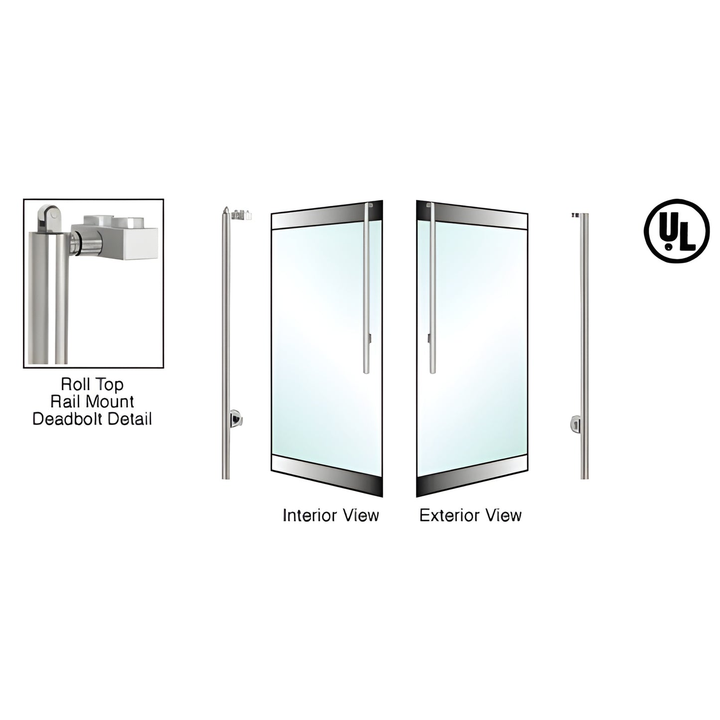 DBR170JS3R1BS brushed stainless 1-1/4 in rail-mount deadbolt handle for 1/2 in tempered glass doors, interior/exterior views