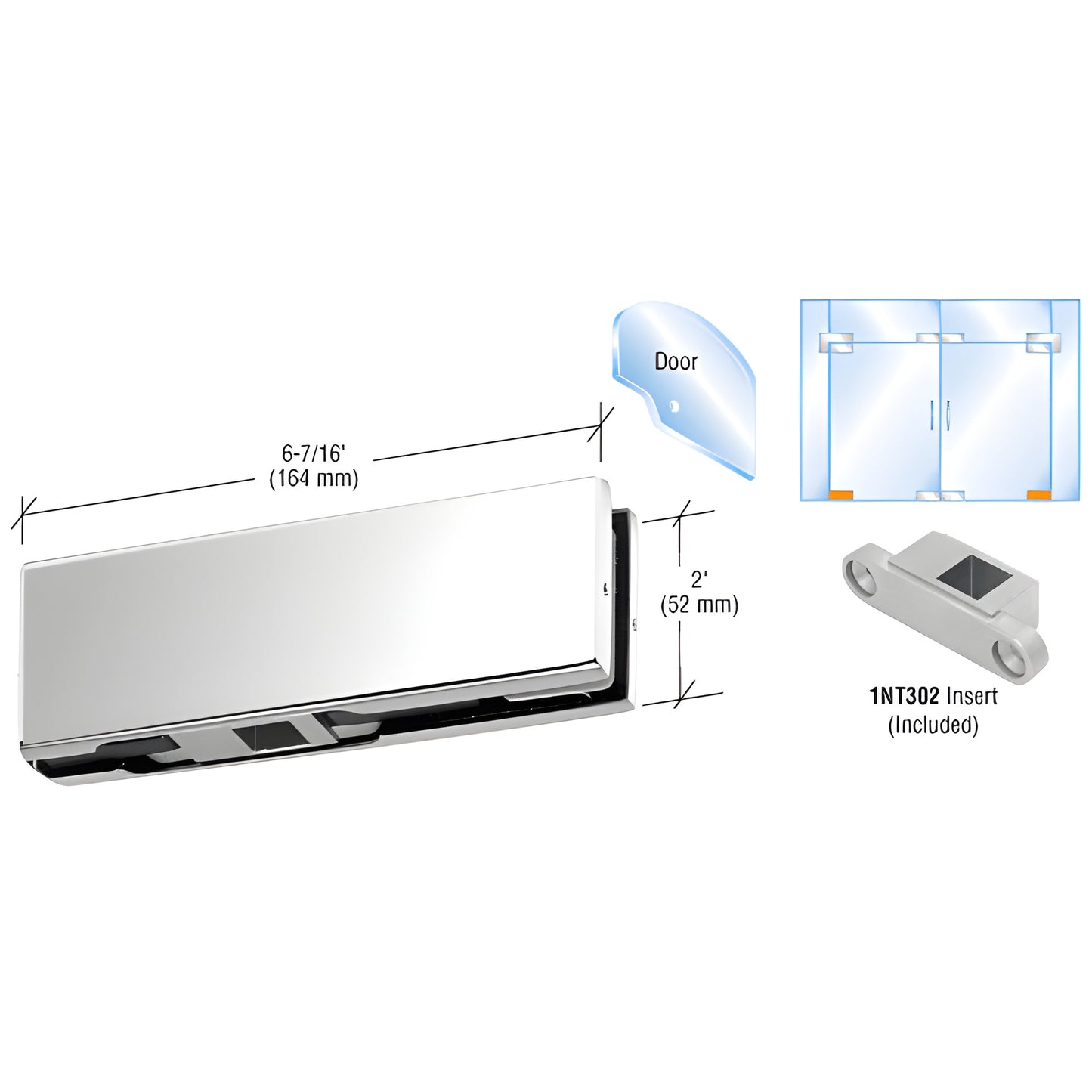 PH10DPS polished stainless steel bottom patch fitting for frameless glass doors, fits 3/8 or 1/2 glass, 6-7/16 in long.