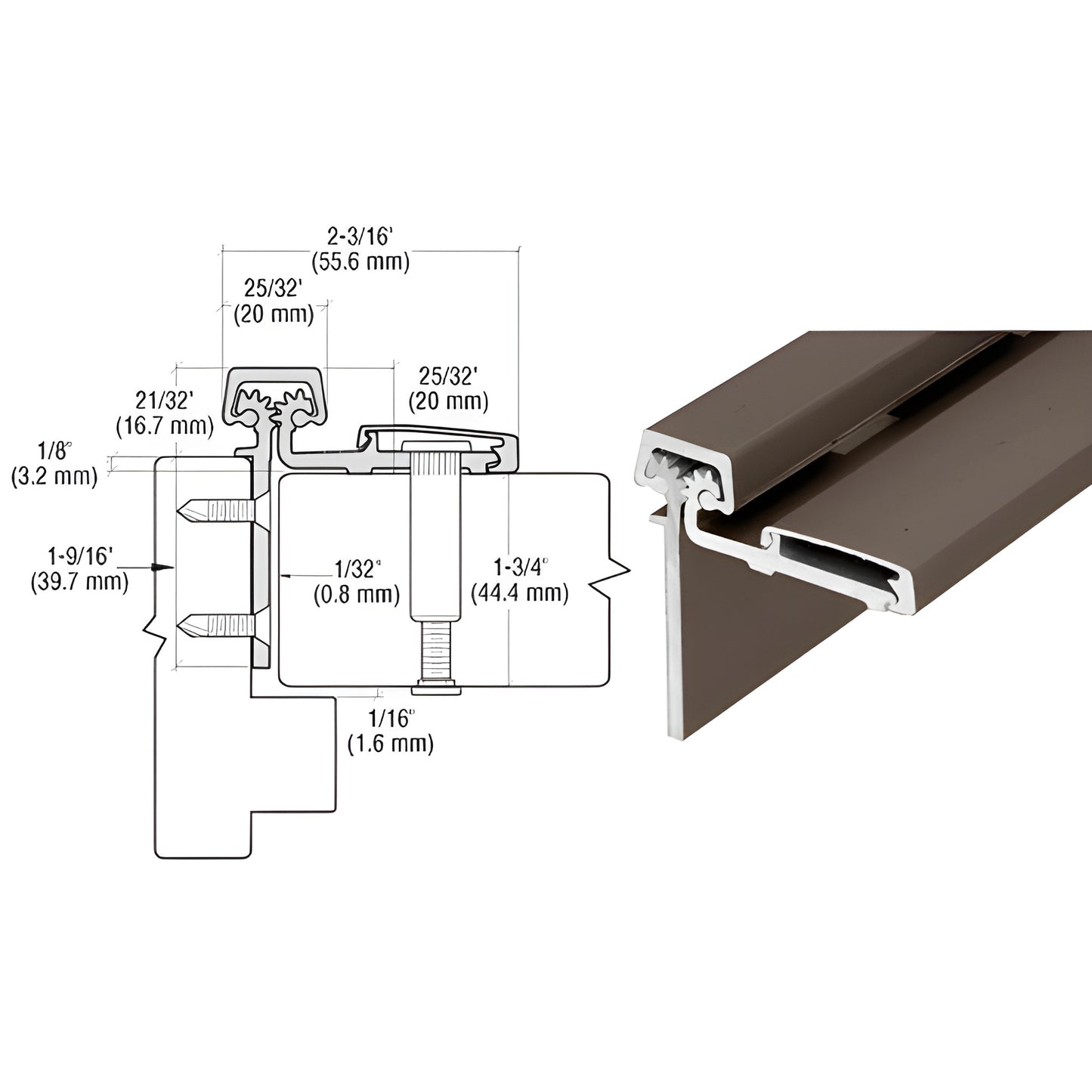 CRL Roton 053 continuous half-surface aluminum hinge, dark bronze finish, cross-section with dimensions - SKU 05383DU