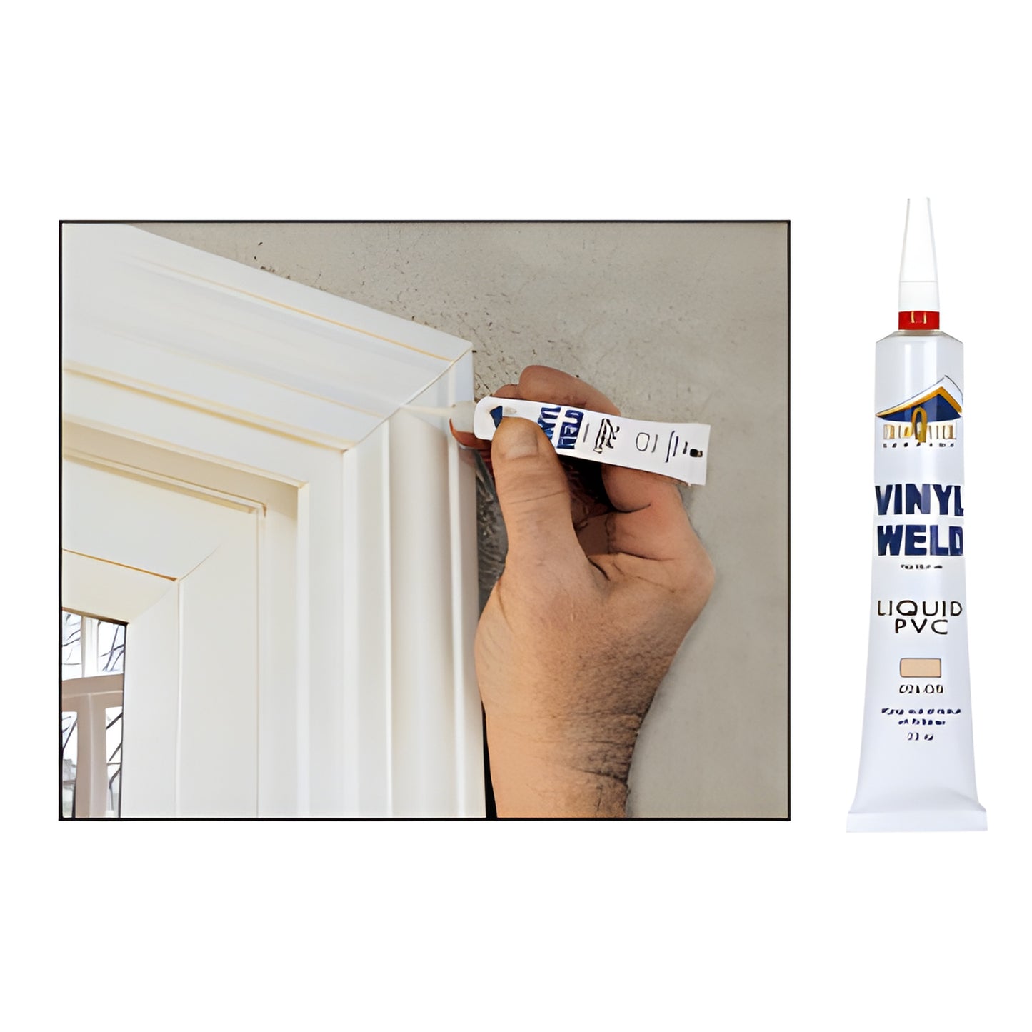 VW1T TrimQuick tan 1/2 oz Vinyl Weld tube beside hand applying PVC weld adhesive to white vinyl trim