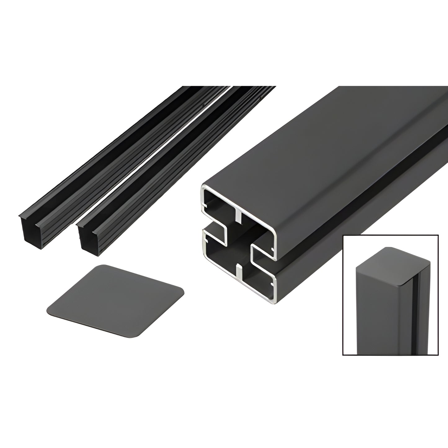 HD60CKBL matte black aluminum heavy-duty glass railing post kit with rectangular post, cap and glazing channels