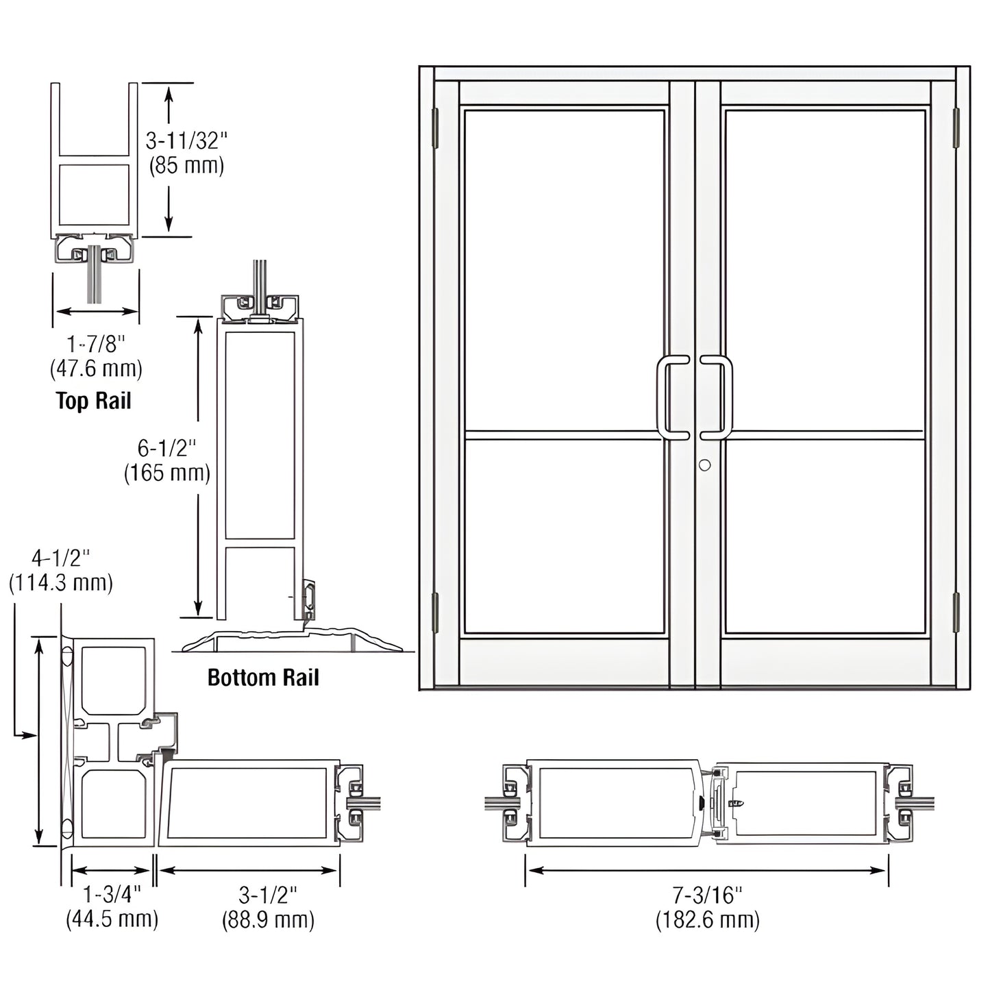 Custom Durafront MS double entrance door, White Kynar, commercial, 6-1/2" bottom rail, SKU DC82552