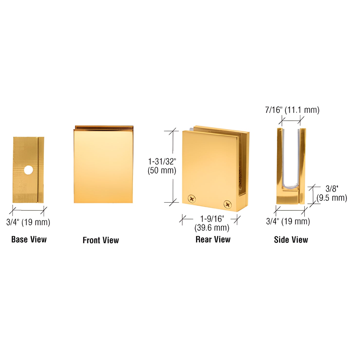 EH14 polished brass glass face plate clamp for 1/4-3/8" (6-10 mm) glass, rectangular clamp with removable faceplate.