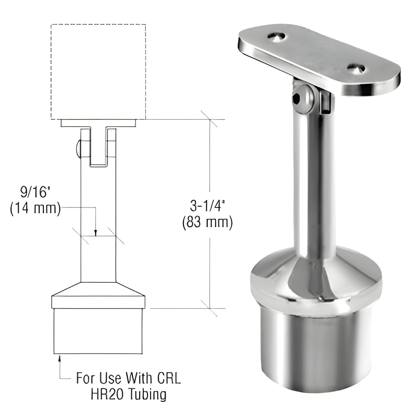 CRL HR20ASPS polished stainless steel adjustable post-mounted saddle handrail support, 3-1/4" centerline for 2" tubing