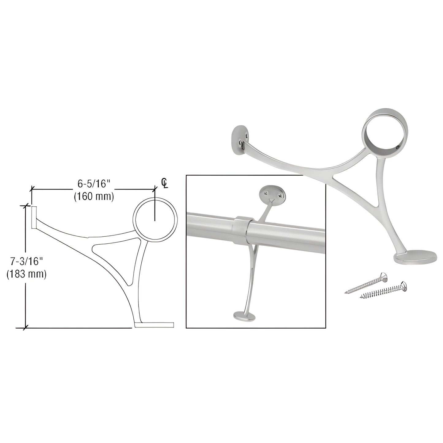 Brushed stainless steel foot railing bracket FRCB20BS for 2" tubing, with floor support leg and mounting screws.