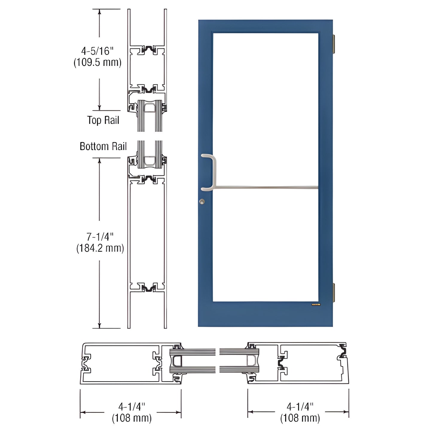 Blue aluminum medium-stile storefront door SKU 1D41571, 4.25" stiles, 7.25" bottom rail, push/pull with MS hookbolt.