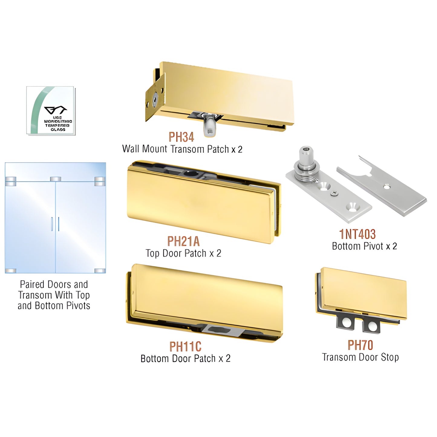 PHE6BR polished brass European double door patch kit for 3/8-1/2" tempered glass with top, bottom, transom patches and pivots
