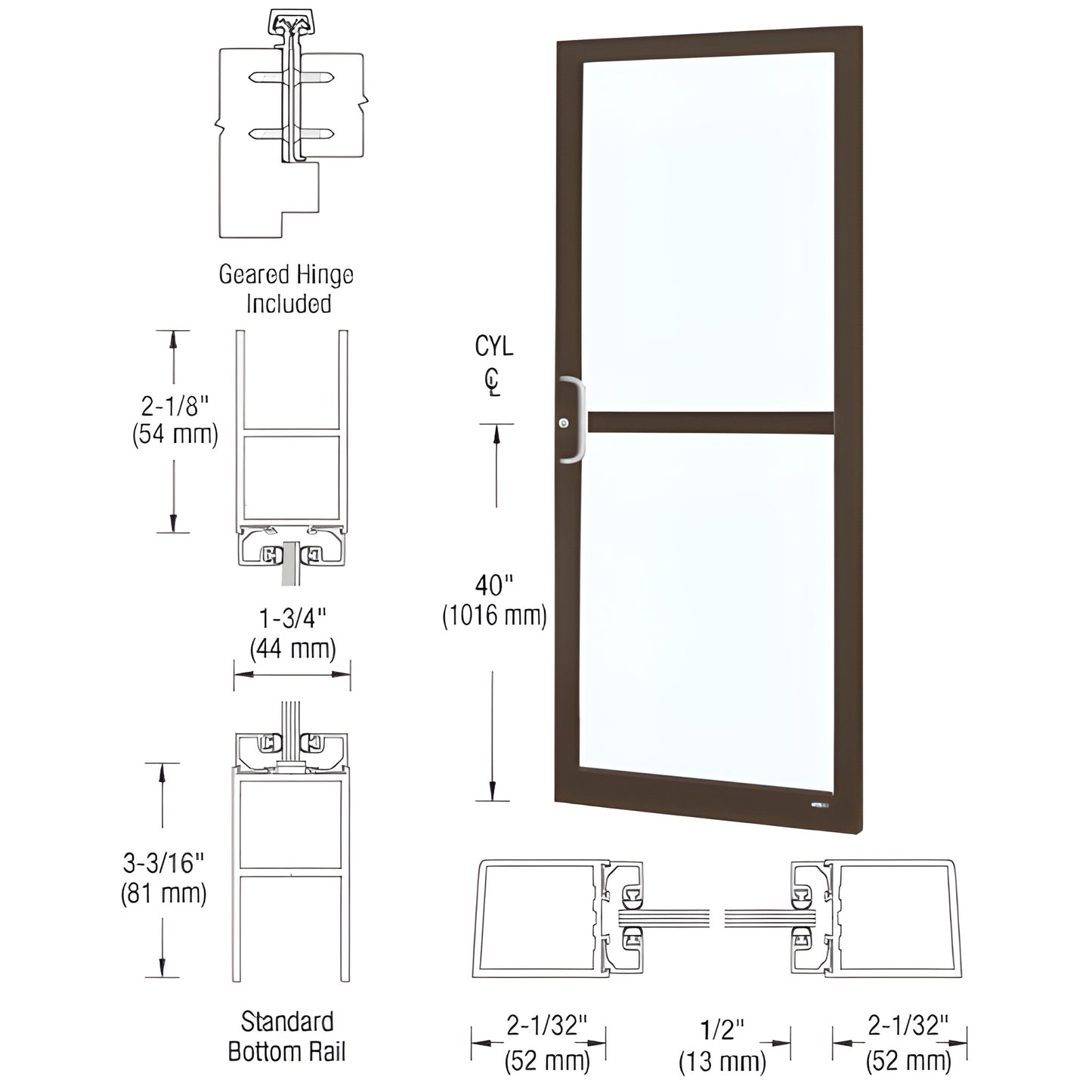SKU DZ21822 black-bronze anodized narrow-stile commercial entrance door with midrail, accepts 1/4" tempered glass