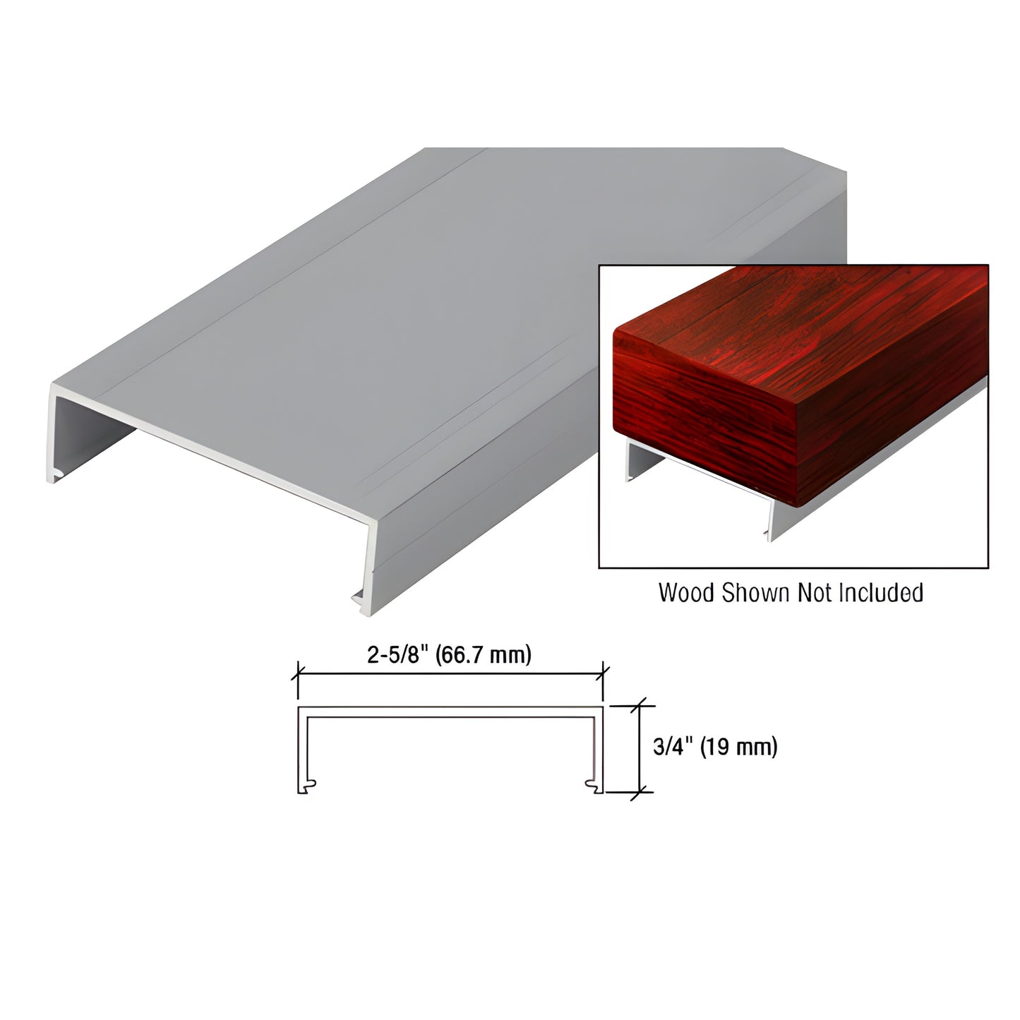 Silver metallic aluminum wood-top rail profile, 2-5/8 in x 3/4 in, 20'-1" length (WD241S). Wood top not included.